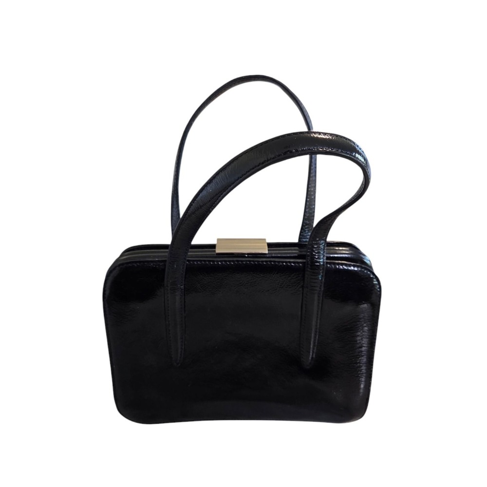 Ellen Tracy Vintage Black Faux Patent Leather Small Handbag Purse Double Handles